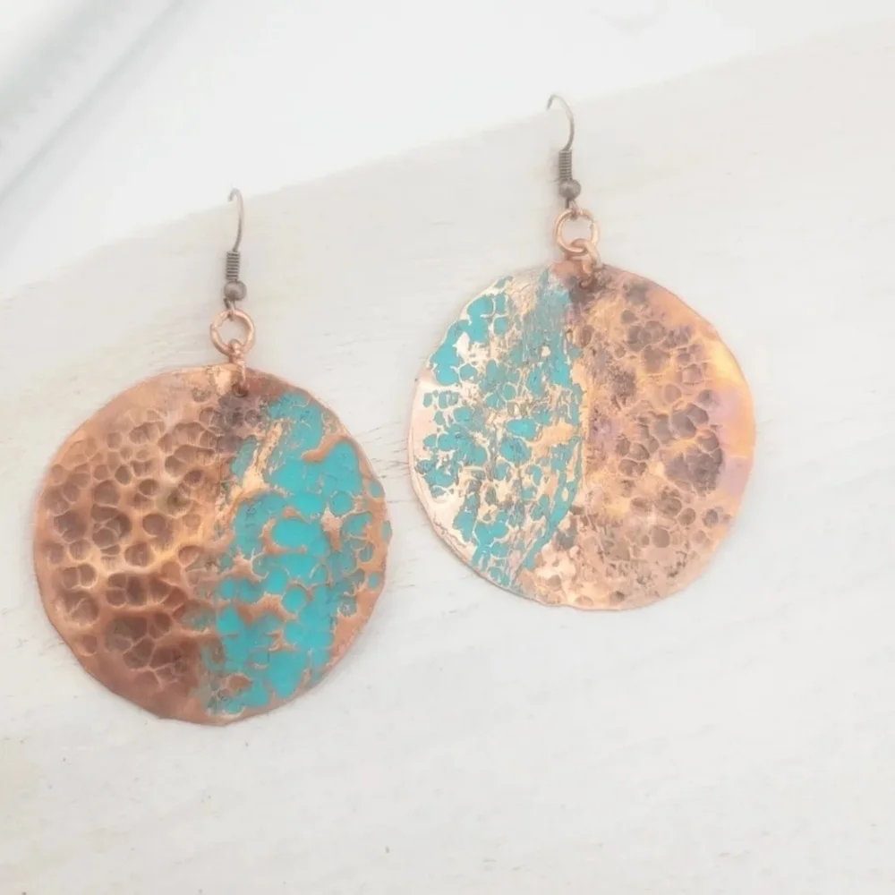 COPPER EARRINGS HANDMADE WITH BLUE & BROWN PATINA 2